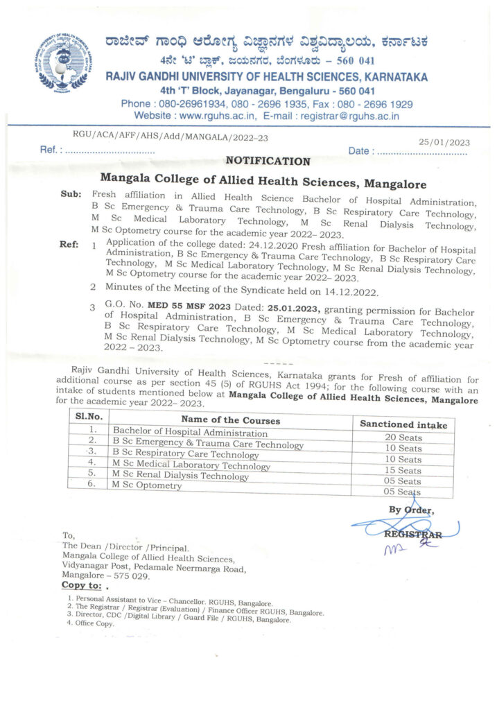 RGUHS Affiliation M.Sc. and B.Sc. New course 2022